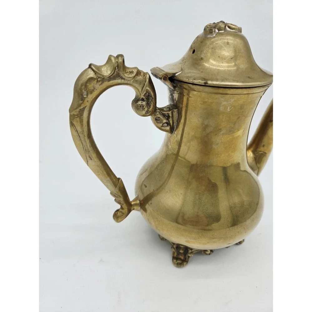 Vintage Indian Brass Teapot Coffee Server‎ Scroll Ornate Footed